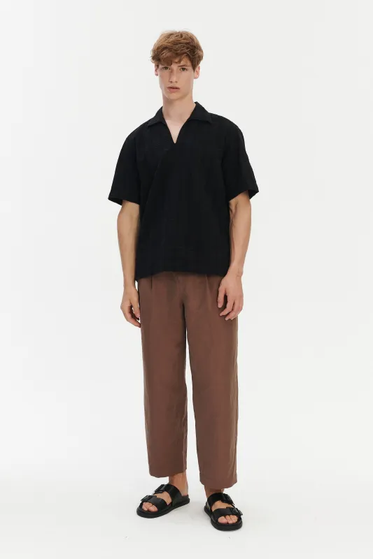 Short Sleeve Pop Over Shirt in Black Jacquard Cotton sold by Delikatessen