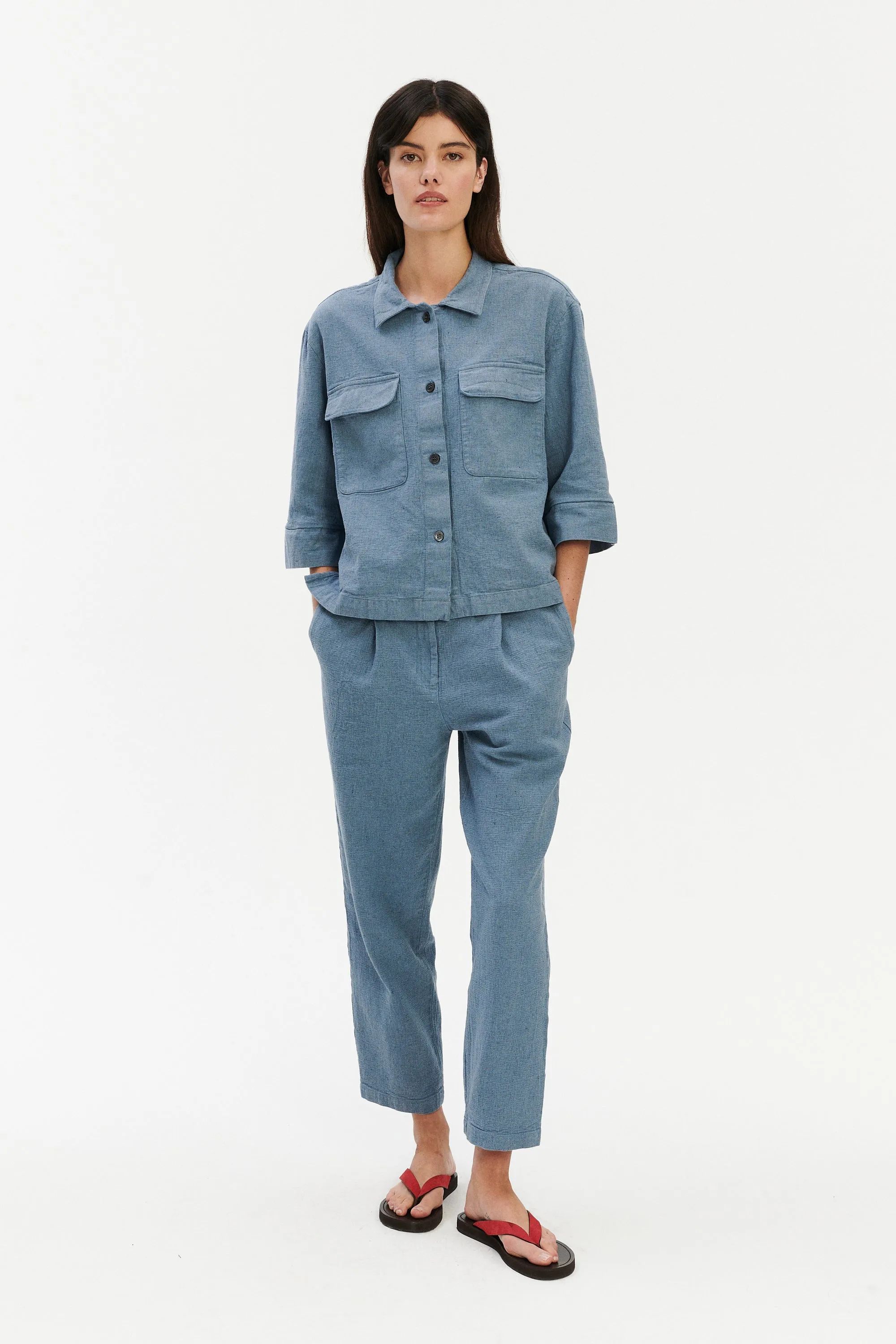 Jogger Trousers in a Pale Sky Blue Italian Recycled Cotton Denim sold by Delikatessen product image thumbnail 4