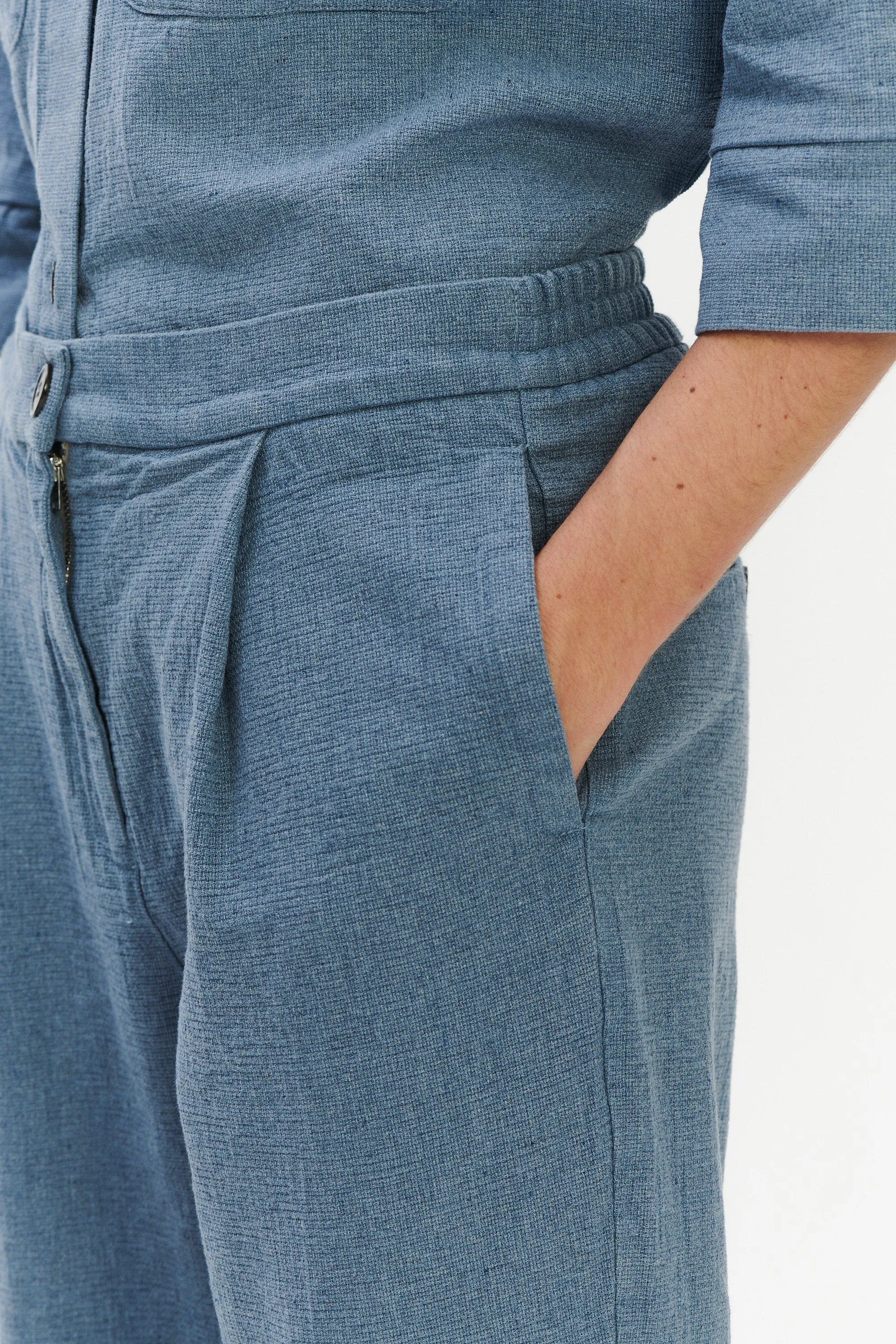 Jogger Trousers in a Pale Sky Blue Italian Recycled Cotton Denim sold by Delikatessen product image thumbnail 5