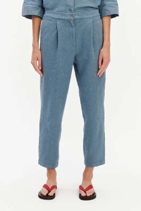 Jogger Trousers in a Pale Sky Blue Italian Recycled Cotton Denim sold by Delikatessen