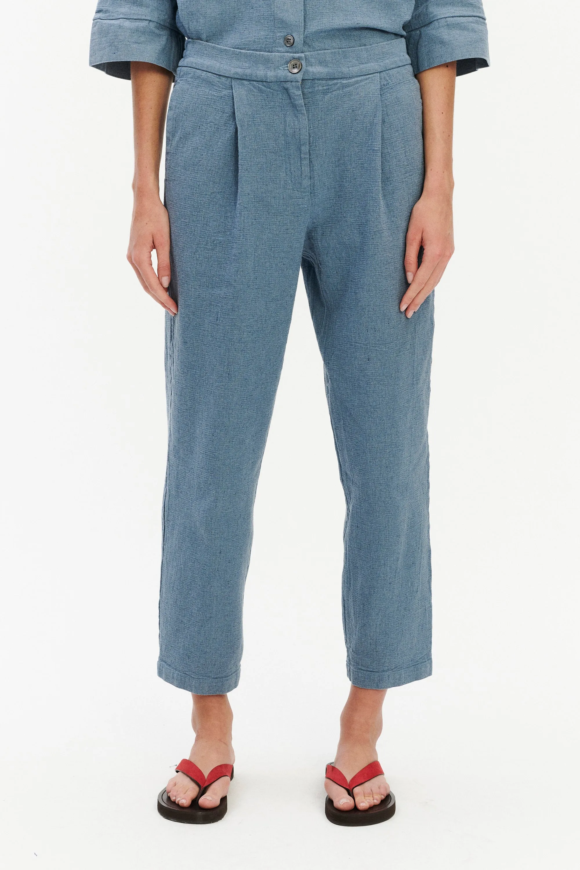 Jogger Trousers in a Pale Sky Blue Italian Recycled Cotton Denim sold by Delikatessen