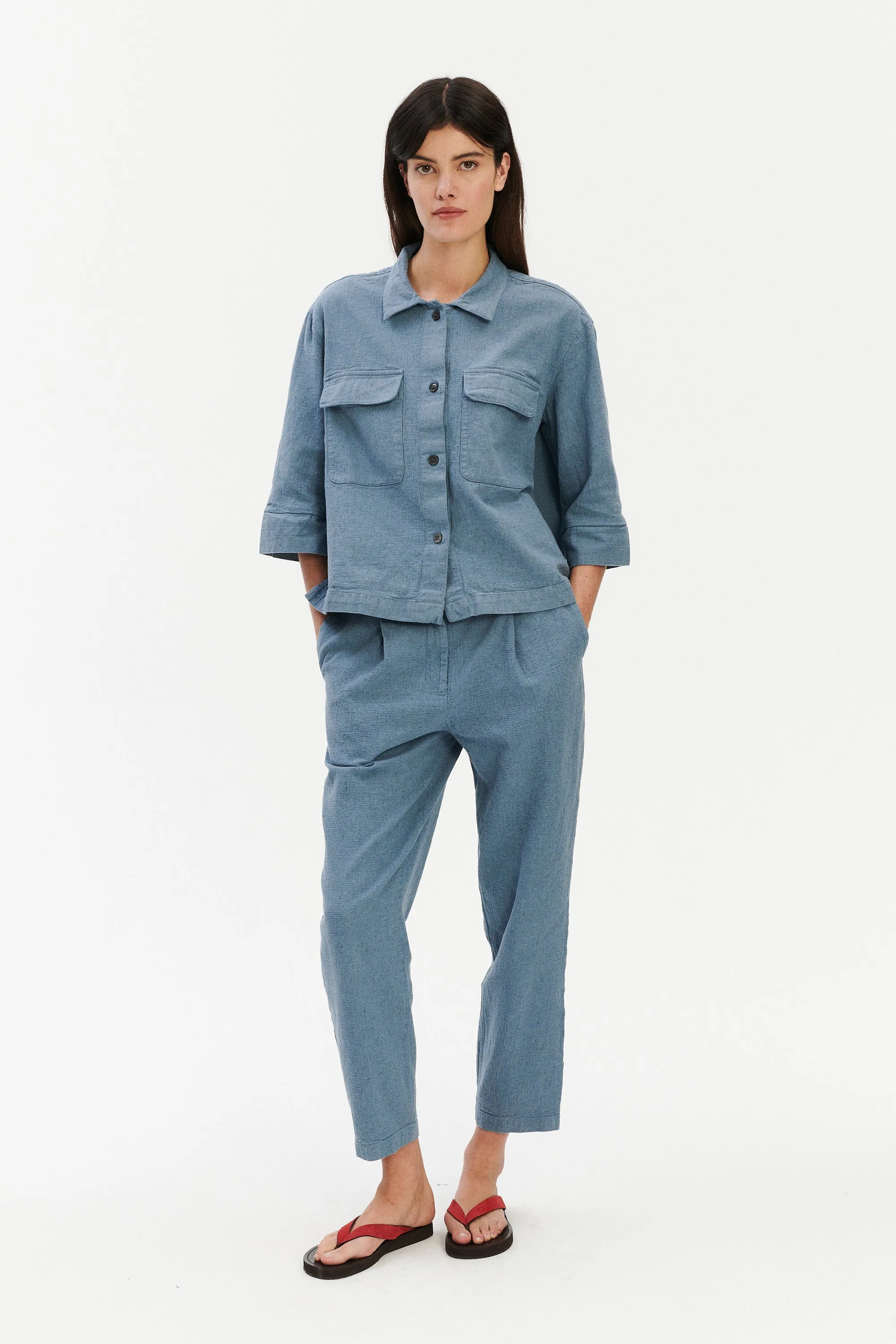 Jogger Trousers in a Pale Sky Blue Italian Recycled Cotton Denim sold by Delikatessen product image thumbnail 2