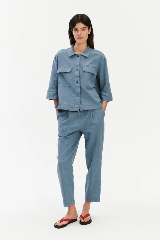 Blouse in a Pale Sky Blue Italian Recycled Cotton Denim sold by Delikatessen