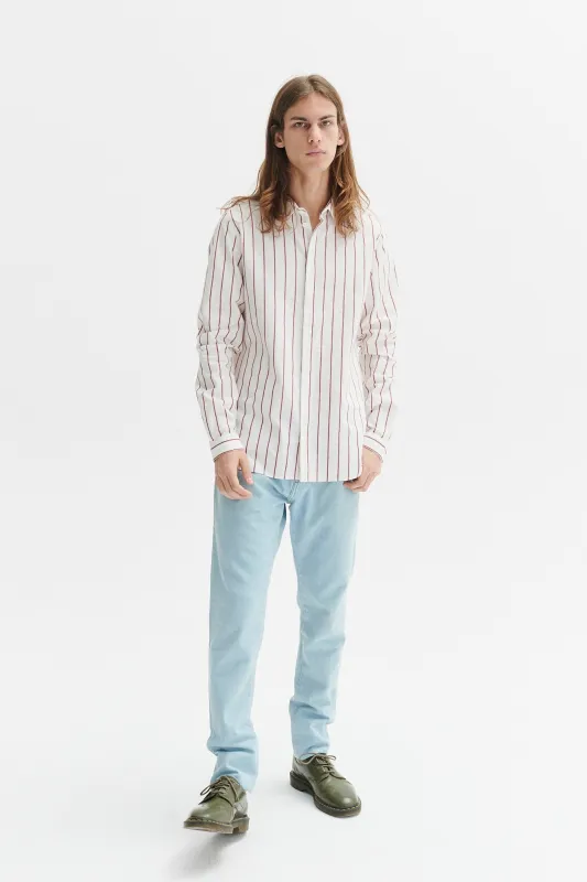 Cute Round Collar Shirt in a White and Wine Red Striped Italian Organic Cotton sold by Delikatessen