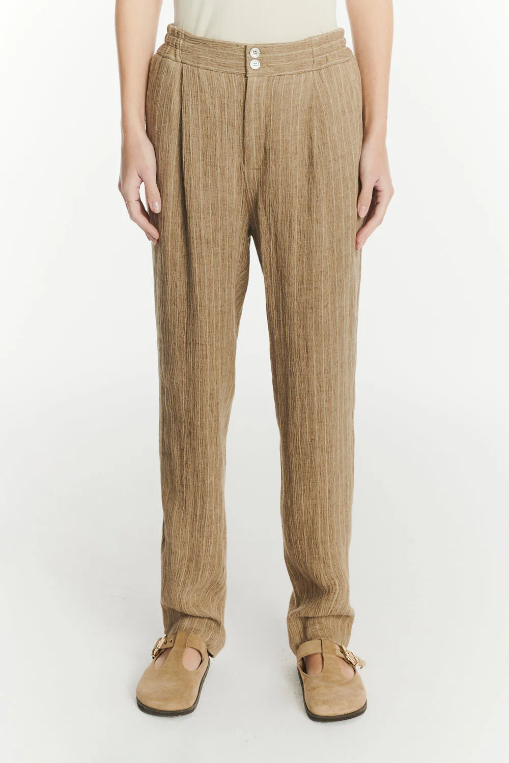 Elasticated Band Trousers in a Camel Fluid Italian Linen and Viscose sold by Delikatessen