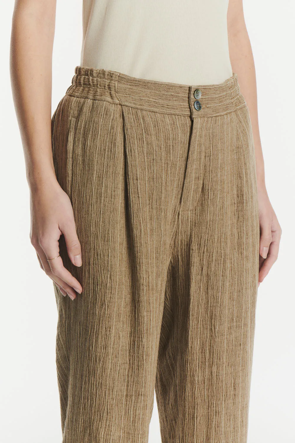 Elasticated Band Trousers in a Camel Fluid Italian Linen and Viscose sold by Delikatessen product image thumbnail 2