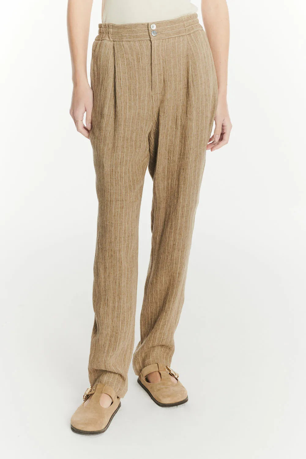 Elasticated Band Trousers in a Camel Fluid Italian Linen and Viscose sold by Delikatessen product image thumbnail 5
