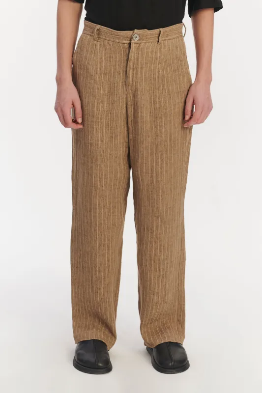 Relaxed Wide Leg Trousers in a Camel Fluid Italian Linen and Viscose sold by Delikatessen