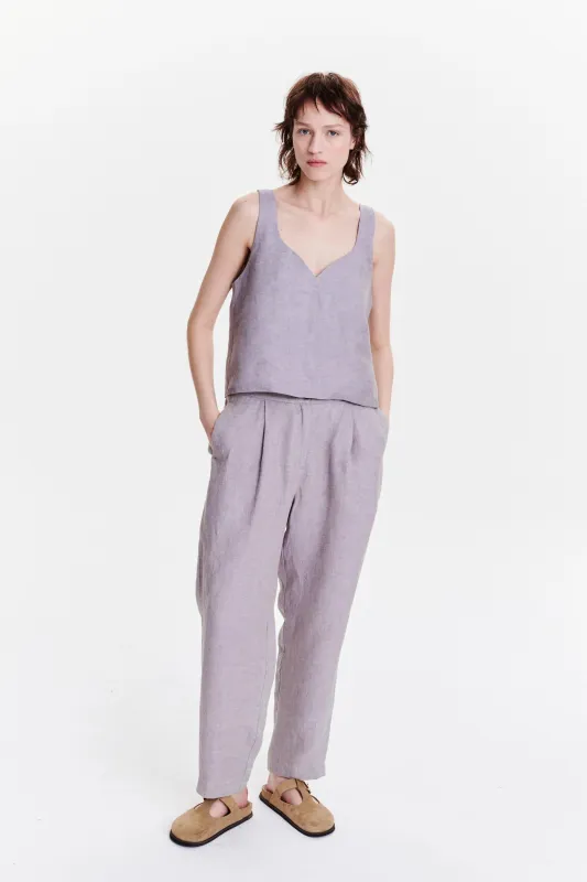 Pants in a Lavender Rich Structured Italian Delavè Linen sold by Delikatessen