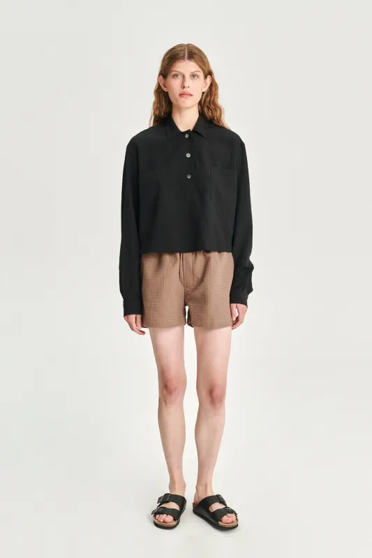 Cropped Pop-Over Top in a Black  Portuguese Tencel Seersucker sold by Delikatessen