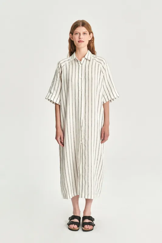 Dress in a  in a Fine White Black and Beige Airy Double Striped Bohemian Linen sold by Delikatessen