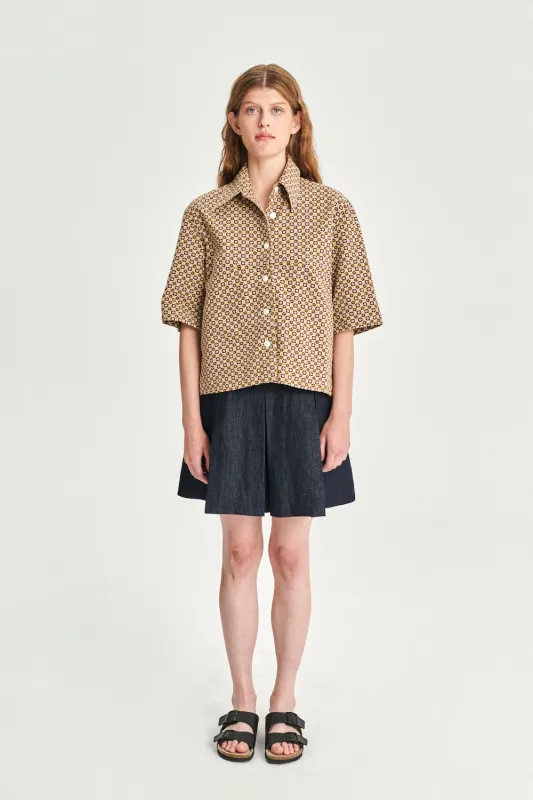 Relaxed Shirt Jacket in a Brown and Yellow Jacquard Woven Portuguese Cotton sold by Delikatessen