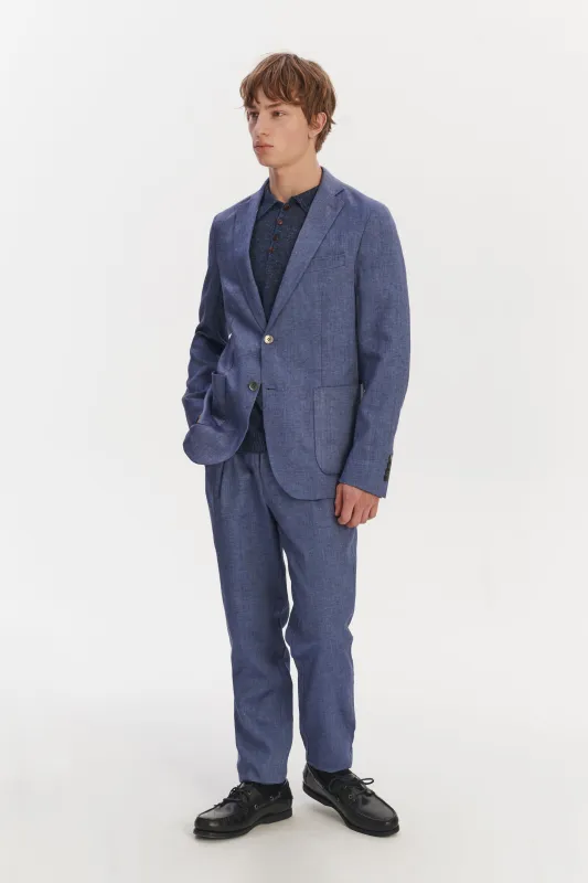 Bohemian Trousers in a Natural Stretch Navy and Pilot Blue Italian Traceable Linen sold by Delikatessen