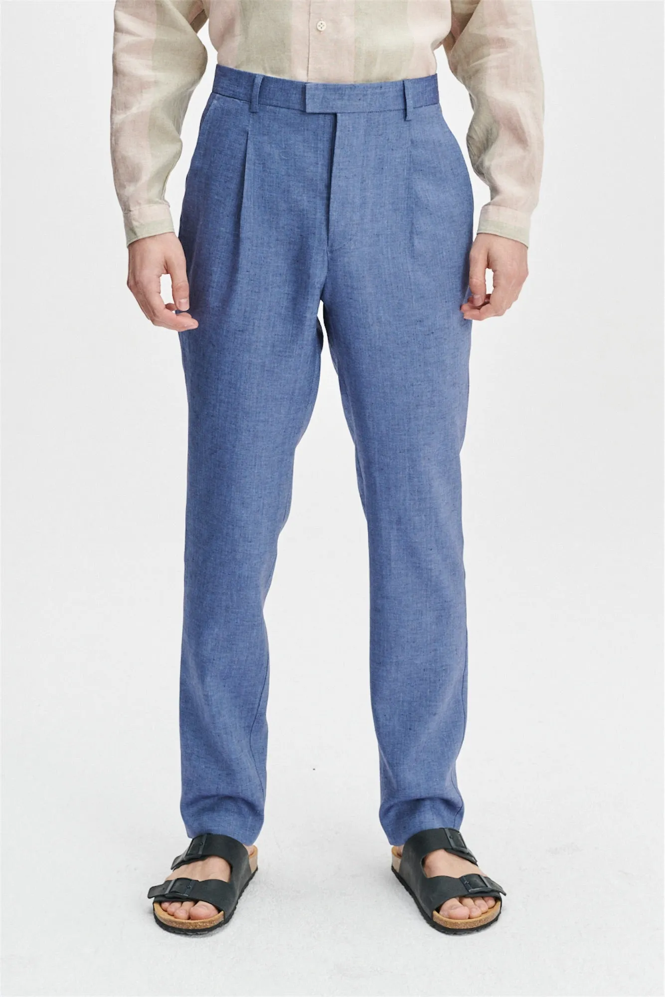 Bohemian Trousers in a Natural Stretch Navy and Pilot Blue Italian Traceable Linen sold by Delikatessen product image thumbnail 2