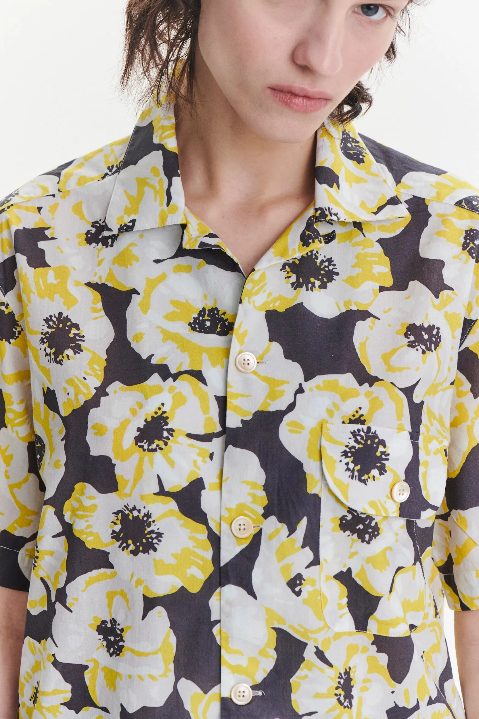 Unisex Short Sleeve Camp Collar Shirt in a Neon Yellow, White and Brown Italian Cotton sold by Delikatessen product image thumbnail 2