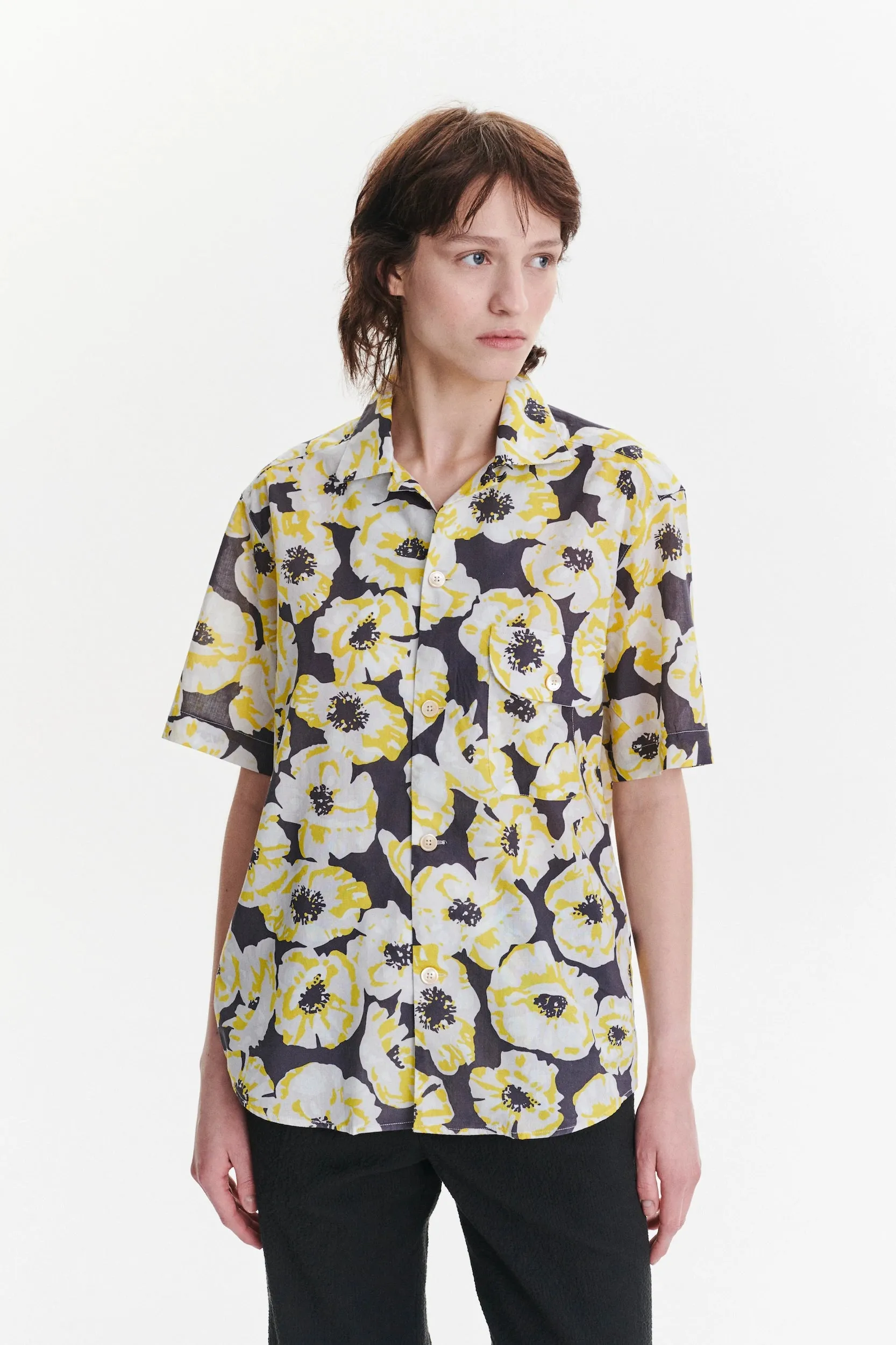 Unisex Short Sleeve Camp Collar Shirt in a Neon Yellow, White and Brown Italian Cotton sold by Delikatessen product image thumbnail 5