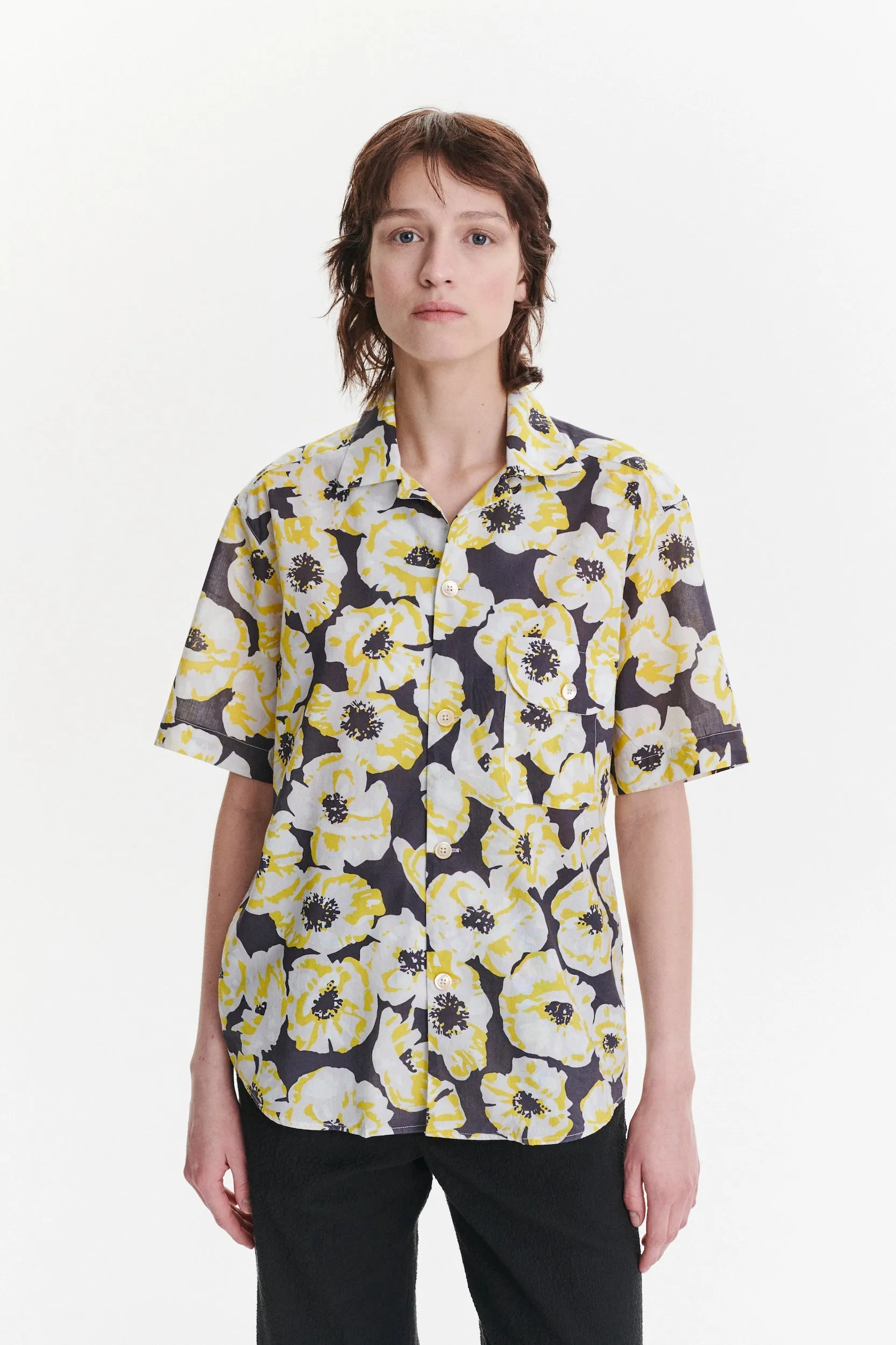 Unisex Short Sleeve Camp Collar Shirt in a Neon Yellow, White and Brown Italian Cotton sold by Delikatessen product image thumbnail 4