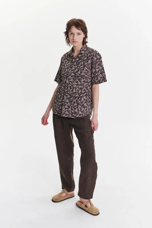 Unisex Short Sleeve Camp Collar Shirt in a Brown and Off White Floral Italian Cotton sold by Delikatessen