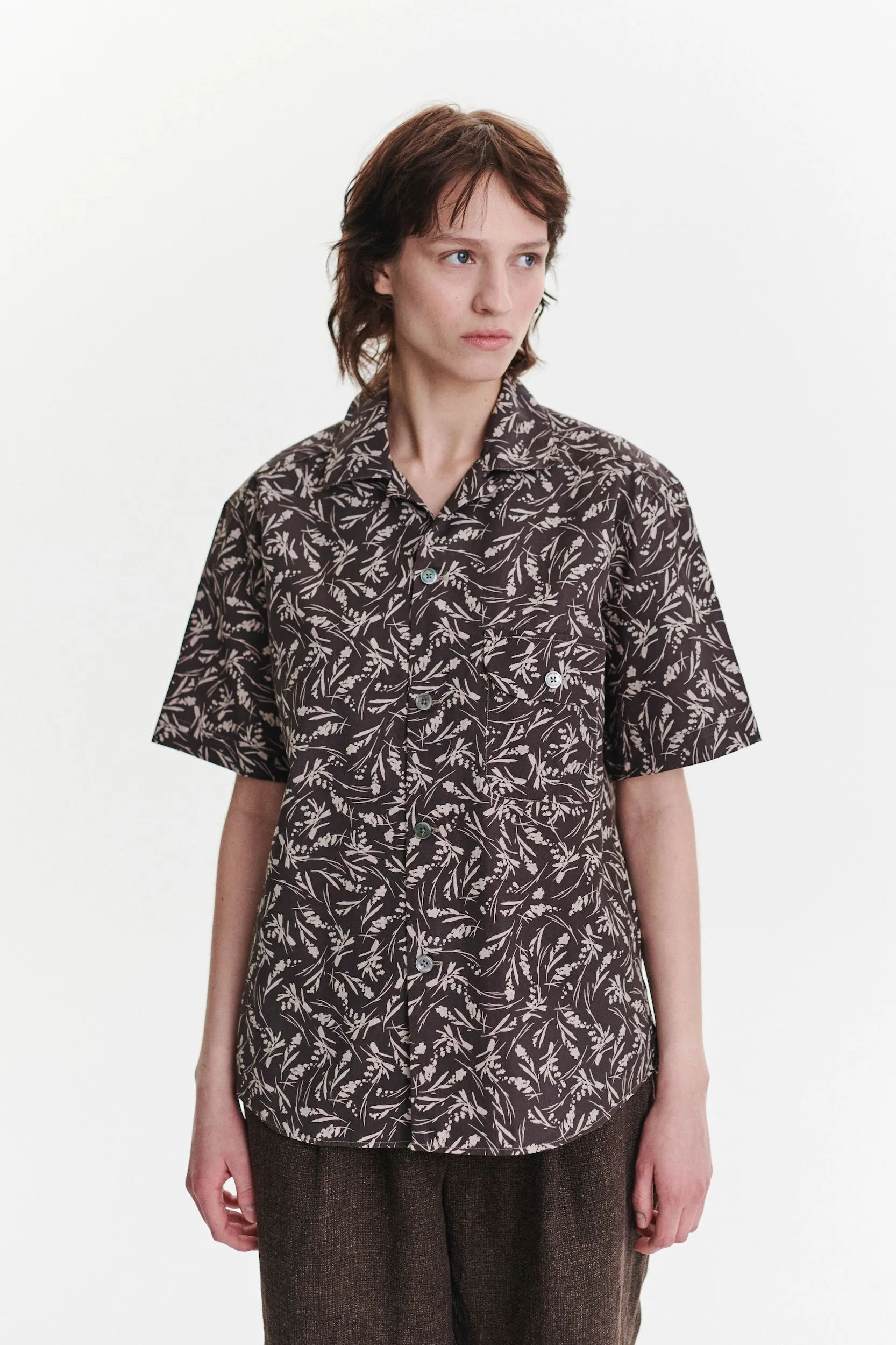 Unisex Short Sleeve Camp Collar Shirt in a Brown and Off White Floral Italian Cotton sold by Delikatessen product image thumbnail 4