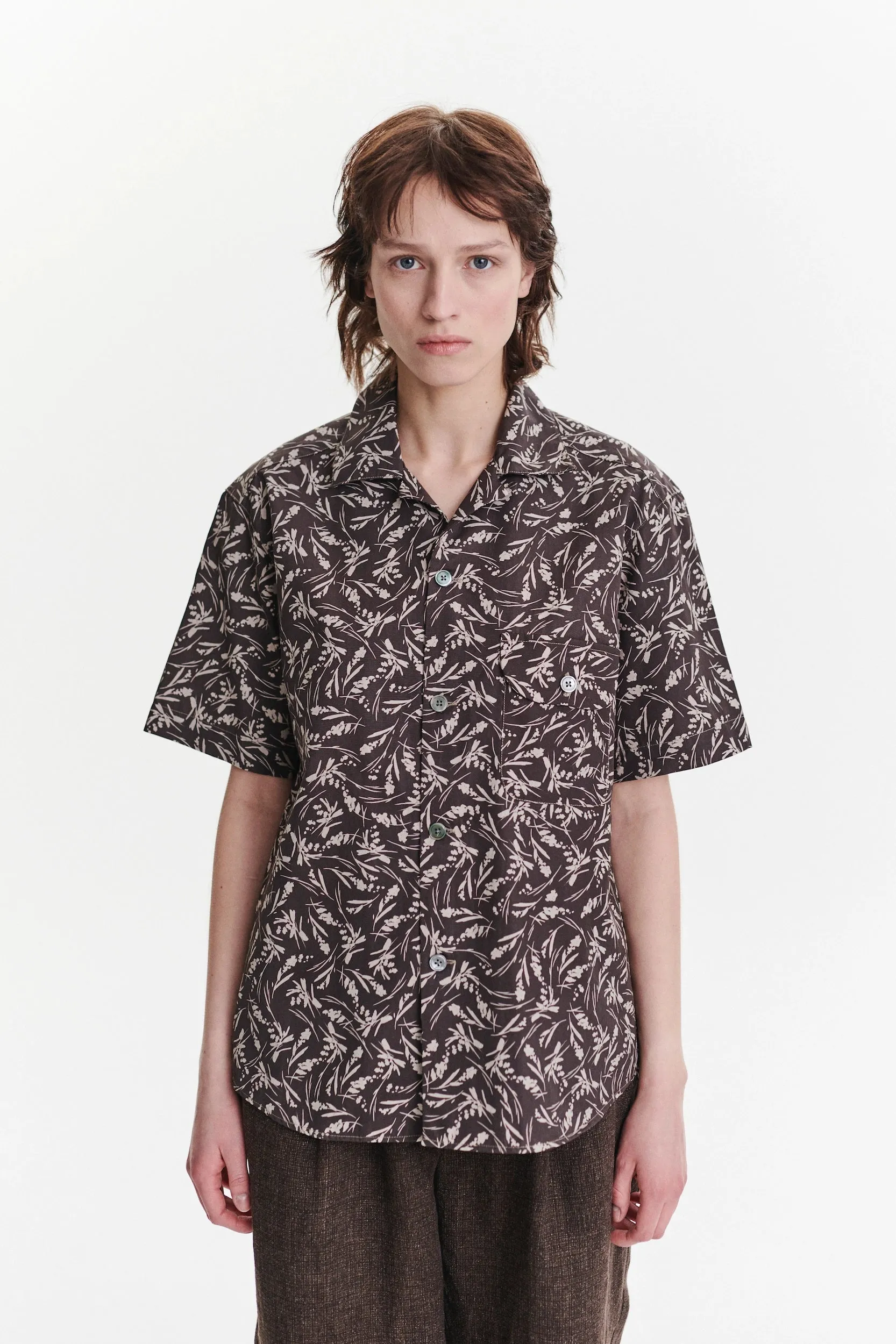 Unisex Short Sleeve Camp Collar Shirt in a Brown and Off White Floral Italian Cotton sold by Delikatessen product image thumbnail 3