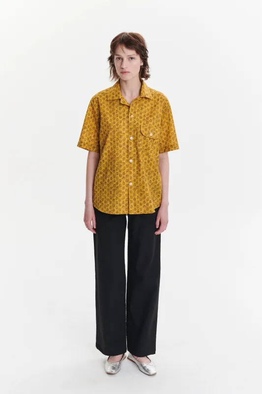 Unisex Short Sleeve Camp Collar Shirt in a Curcuma and Sepia Italian Cotton sold by Delikatessen