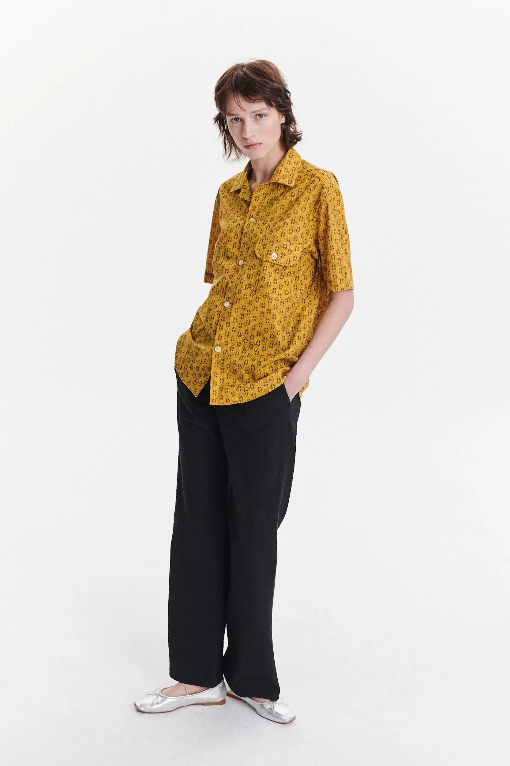 Unisex Short Sleeve Camp Collar Shirt in a Curcuma and Sepia Italian Cotton sold by Delikatessen product image thumbnail 3