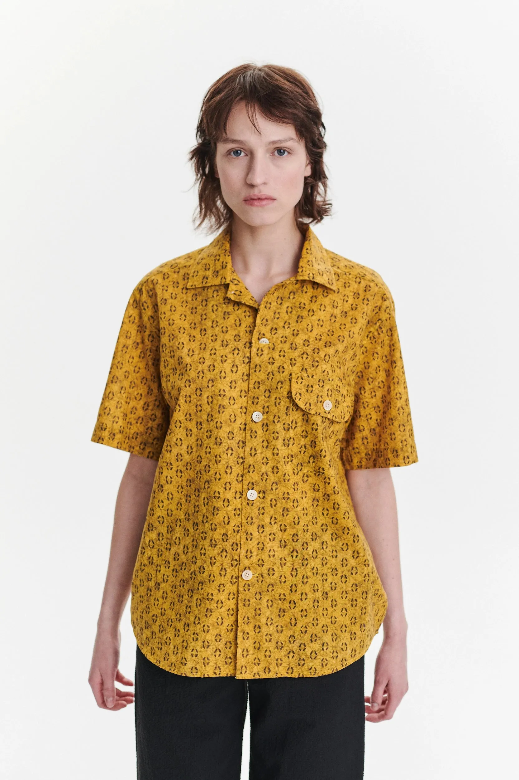 Unisex Short Sleeve Camp Collar Shirt in a Curcuma and Sepia Italian Cotton sold by Delikatessen product image thumbnail 4