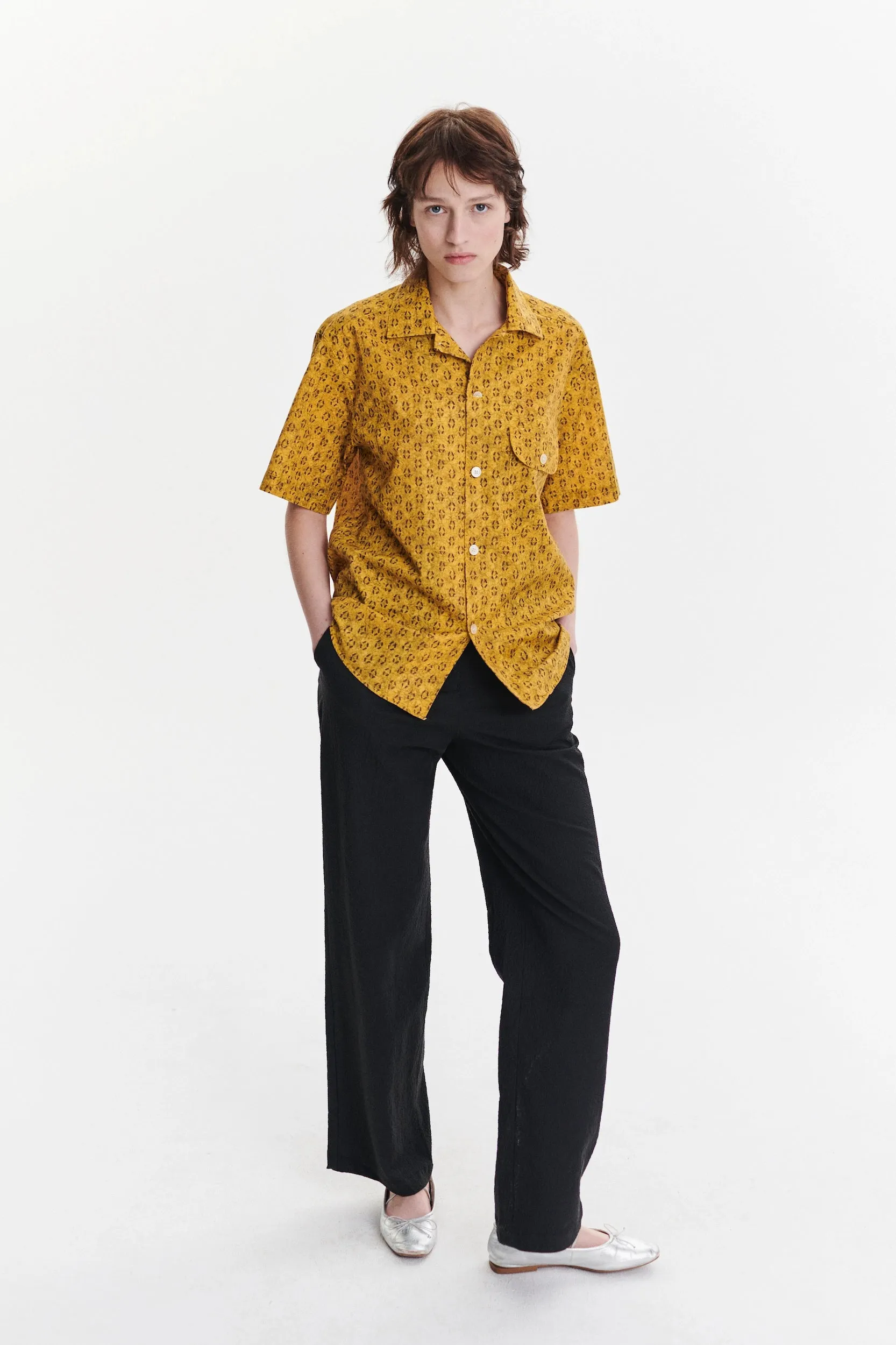 Unisex Short Sleeve Camp Collar Shirt in a Curcuma and Sepia Italian Cotton sold by Delikatessen product image thumbnail 2