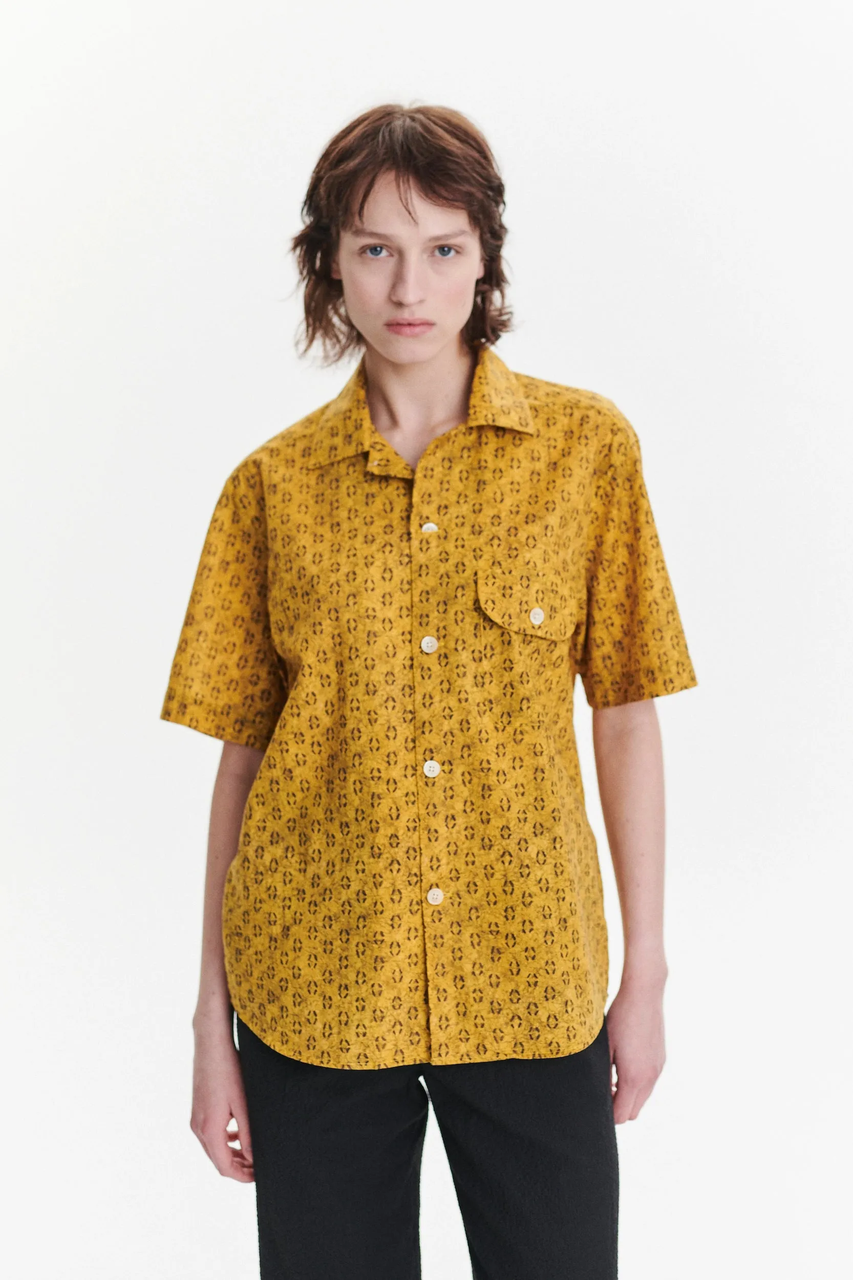 Unisex Short Sleeve Camp Collar Shirt in a Curcuma and Sepia Italian Cotton sold by Delikatessen product image thumbnail 5