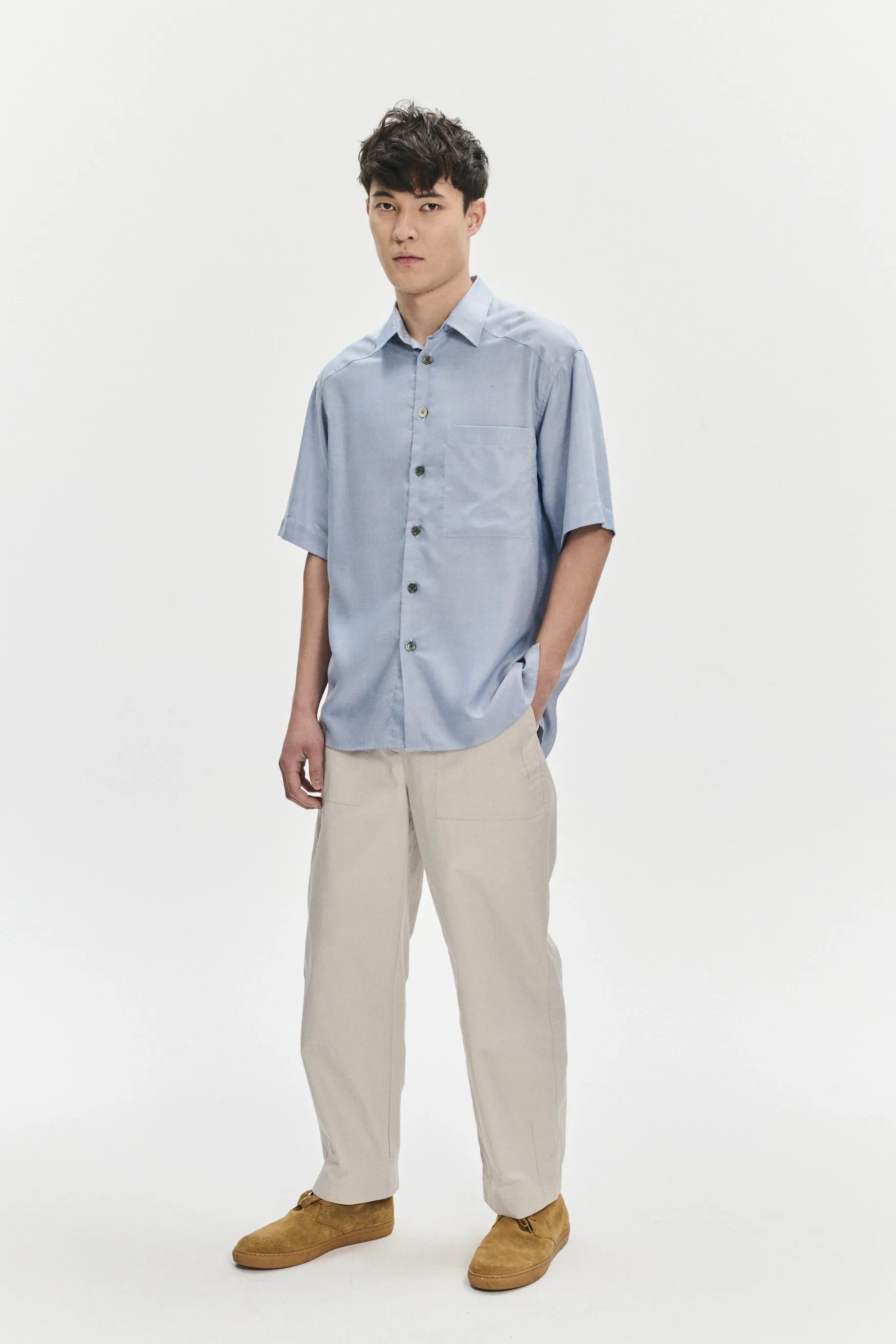 Short Sleeve Socker Shirt in an Extra Soft Blue Portuguese Oxford Lyocell sold by Delikatessen product image thumbnail 3