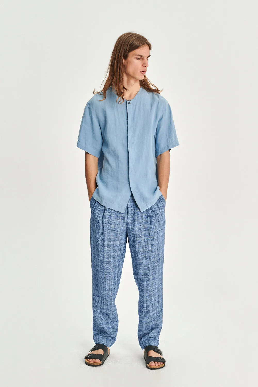 Short Sleeve Minimal Shirt in a Fine Indigo Blue Portuguese Linen sold by Delikatessen product image thumbnail 4