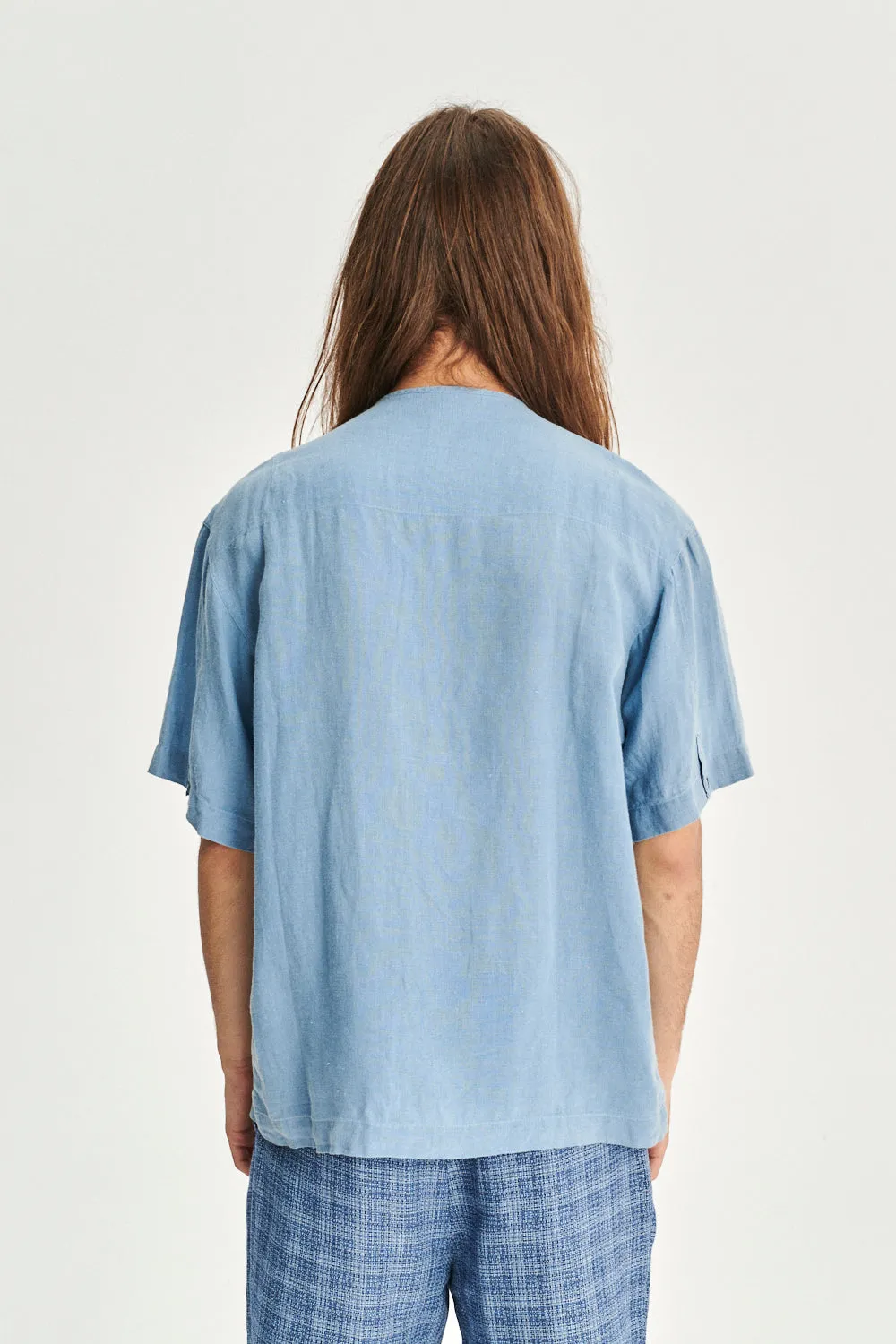 Short Sleeve Minimal Shirt in a Fine Indigo Blue Portuguese Linen sold by Delikatessen product image thumbnail 3