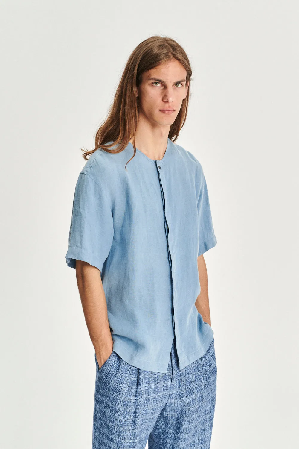 Short Sleeve Minimal Shirt in a Fine Indigo Blue Portuguese Linen sold by Delikatessen