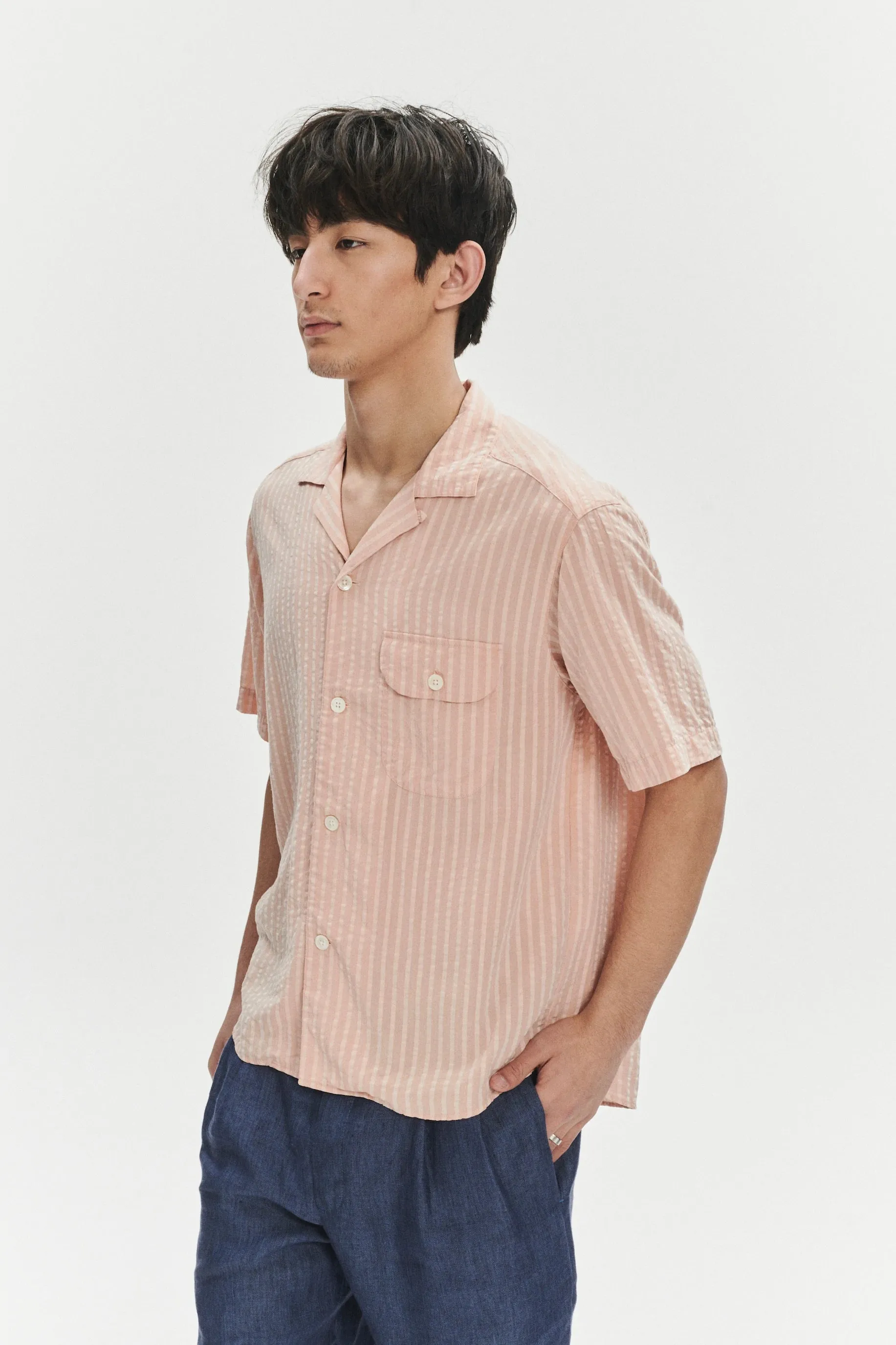 Short Sleeve Camp Collar Shirt in a Peach Pink Striped Soft Portuguese Lyocell sold by Delikatessen product image thumbnail 2