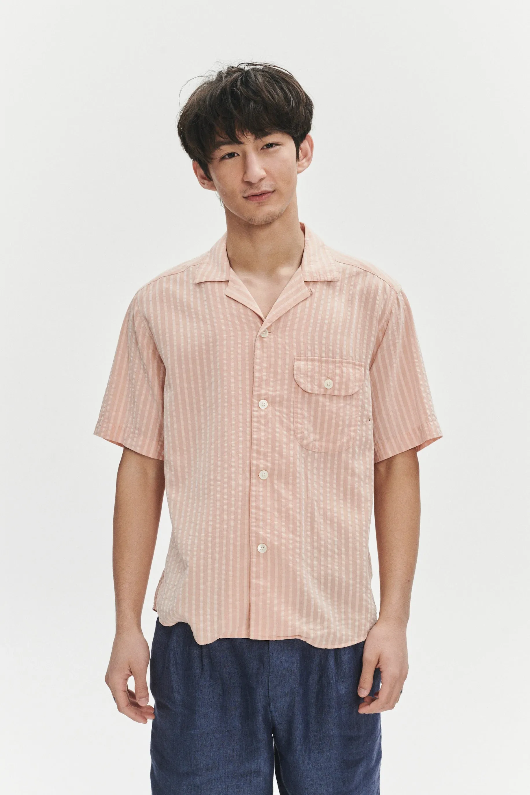 Short Sleeve Camp Collar Shirt in a Peach Pink Striped Soft Portuguese Lyocell sold by Delikatessen product image thumbnail 4