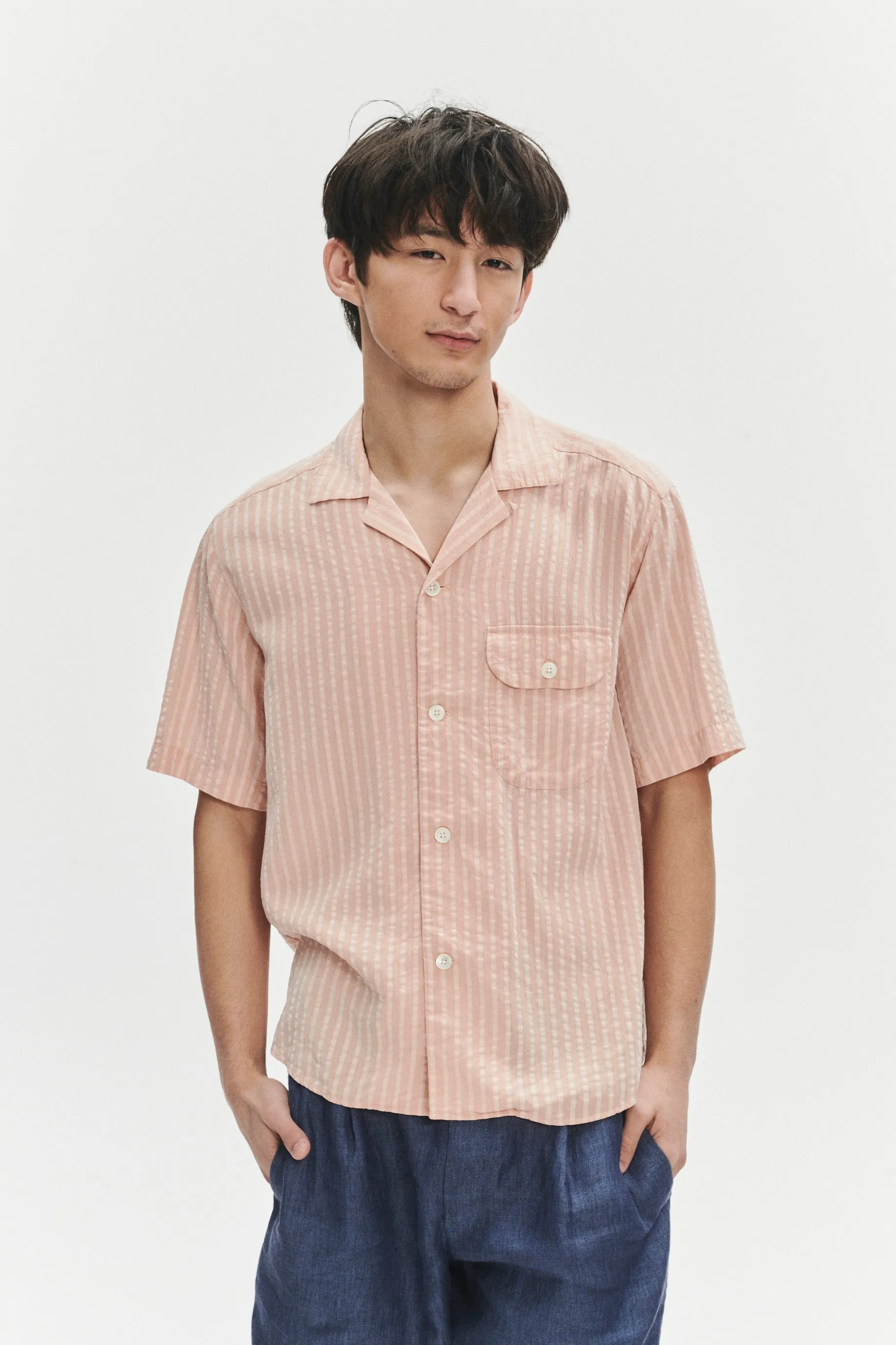 Short Sleeve Camp Collar Shirt in a Peach Pink Striped Soft Portuguese Lyocell sold by Delikatessen product image thumbnail 5