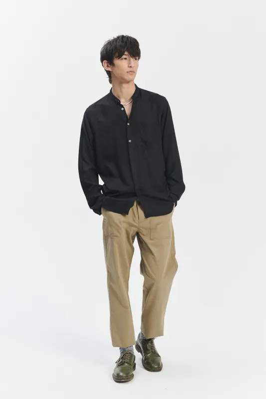 Zen Grandad Collar Shirt in the Finest Black Italian Modal sold by Delikatessen