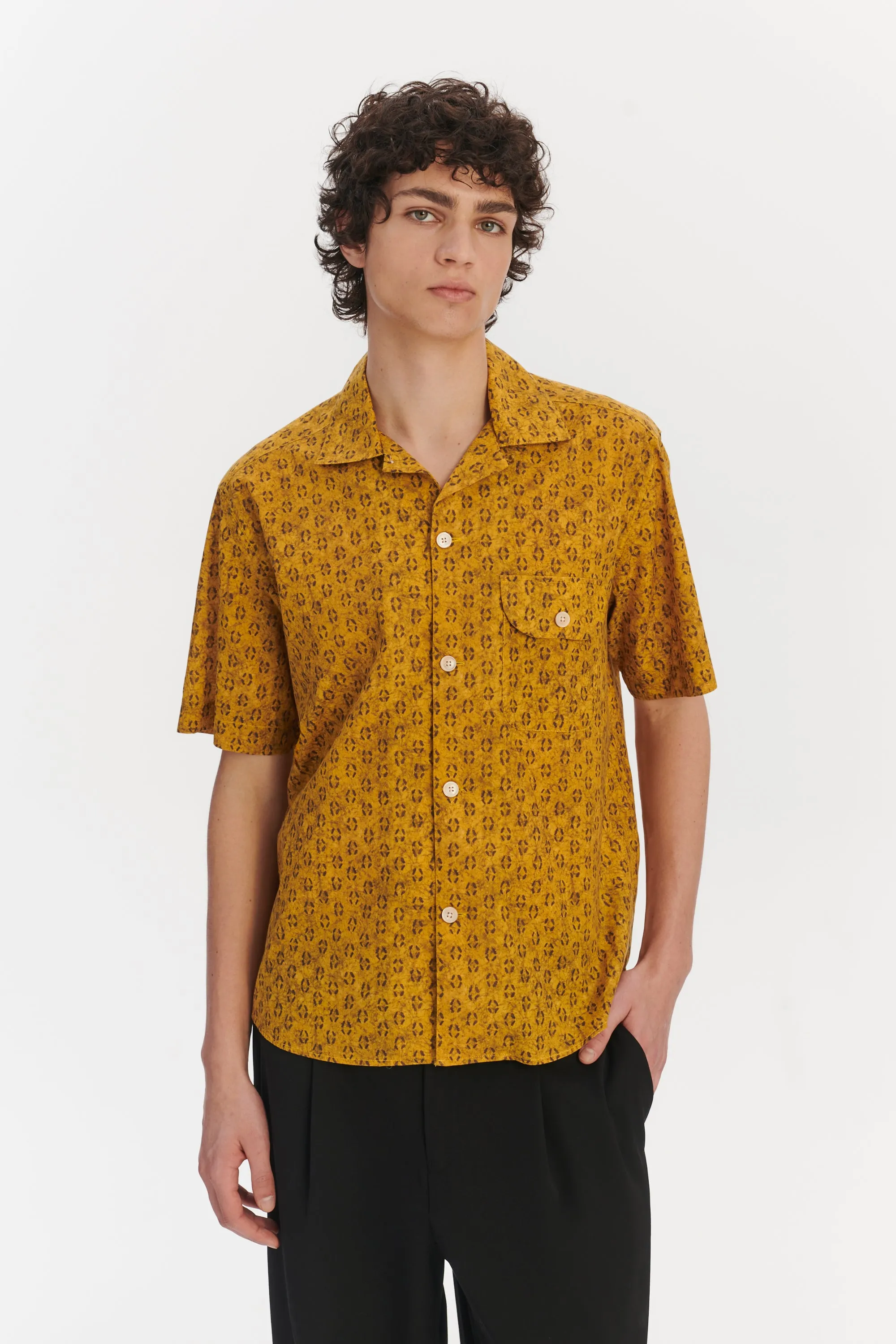 Short Sleeve Camp Collar Shirt in a Curcuma and Sepia Italian Cotton sold by Delikatessen product image thumbnail 4