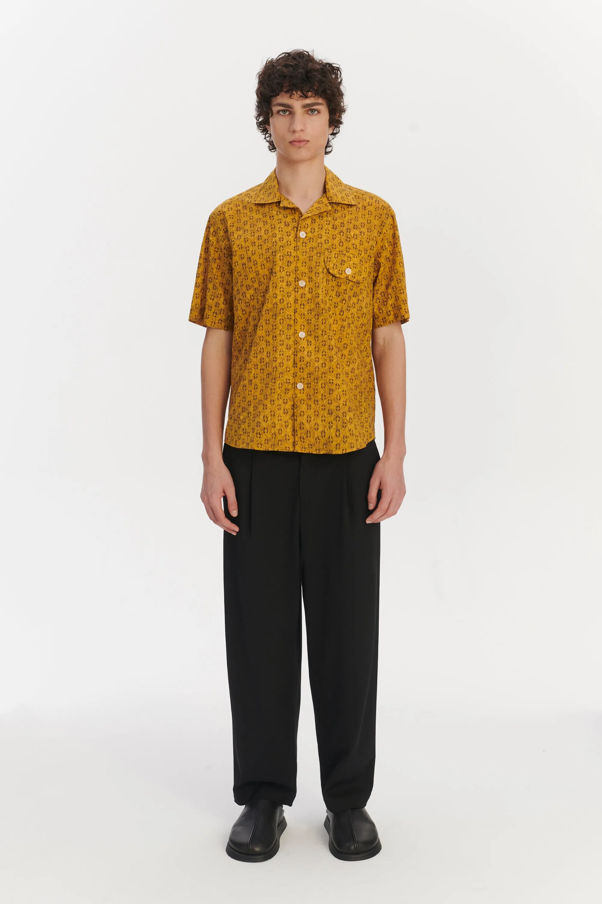 Short Sleeve Camp Collar Shirt in a Curcuma and Sepia Italian Cotton sold by Delikatessen product image thumbnail 3