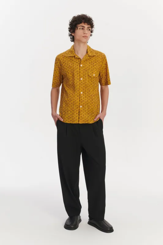Short Sleeve Camp Collar Shirt in a Curcuma and Sepia Italian Cotton sold by Delikatessen