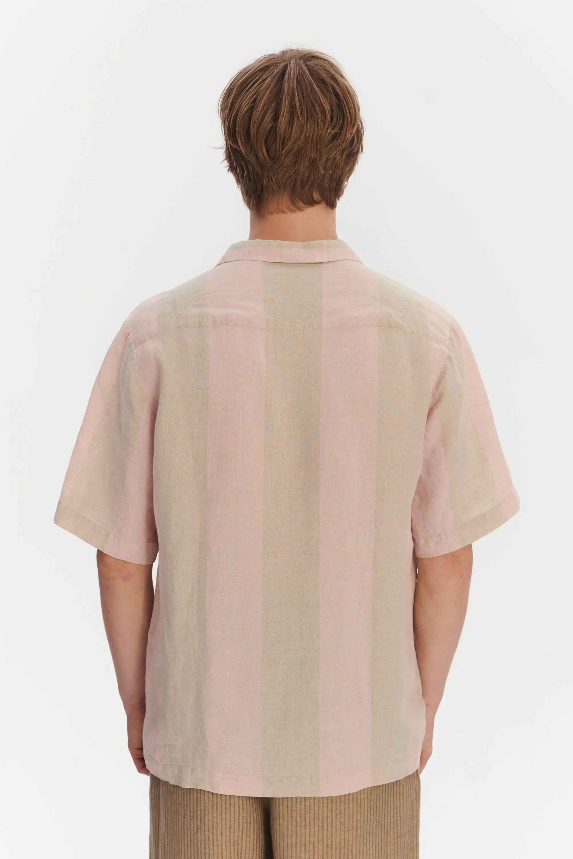 Short Sleeve Relaxed Cuban Collar Shirt in Tonal Pink and Beige Stripes of a Superb Italian Traceable Linen sold by Delikatessen product image thumbnail 5
