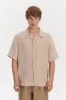 Short Sleeve Relaxed Cuban Collar Shirt in Tonal Pink and Beige Stripes of a Superb Italian Traceable Linen sold by Delikatessen