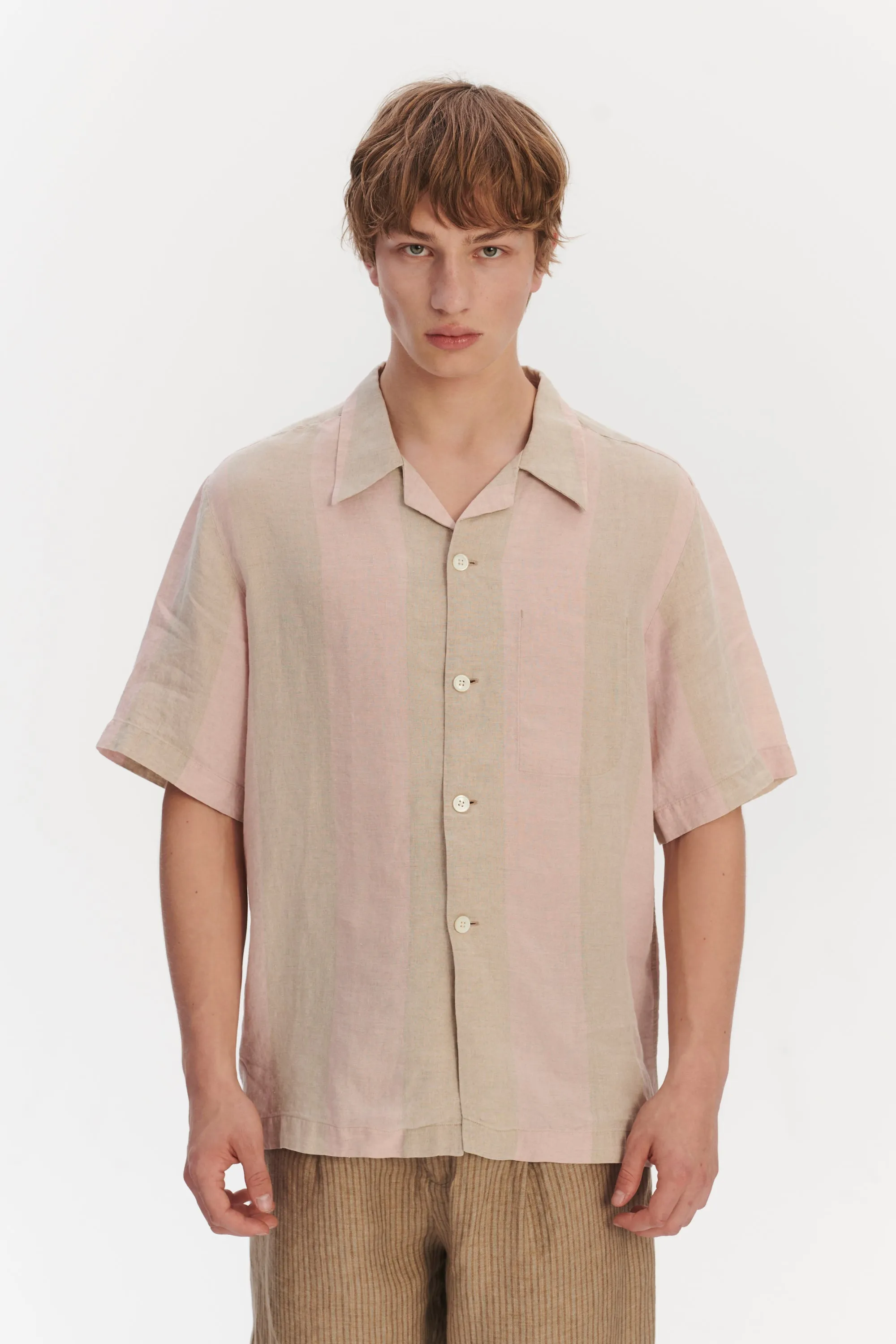 Short Sleeve Relaxed Cuban Collar Shirt in Tonal Pink and Beige Stripes of a Superb Italian Traceable Linen sold by Delikatessen product image thumbnail 2