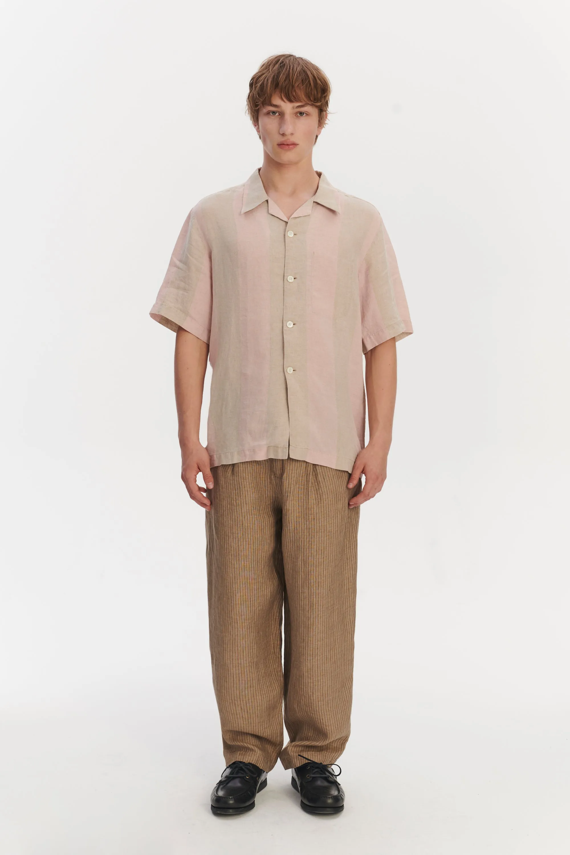 Short Sleeve Relaxed Cuban Collar Shirt in Tonal Pink and Beige Stripes of a Superb Italian Traceable Linen sold by Delikatessen
