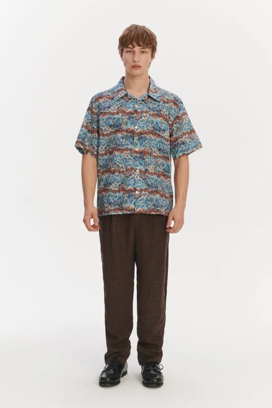 Short Sleeve Cuban Collar Shirt in a Fantasy Sea Blue, Amber,Light Green and White Printed Italian Cotton sold by Delikatessen