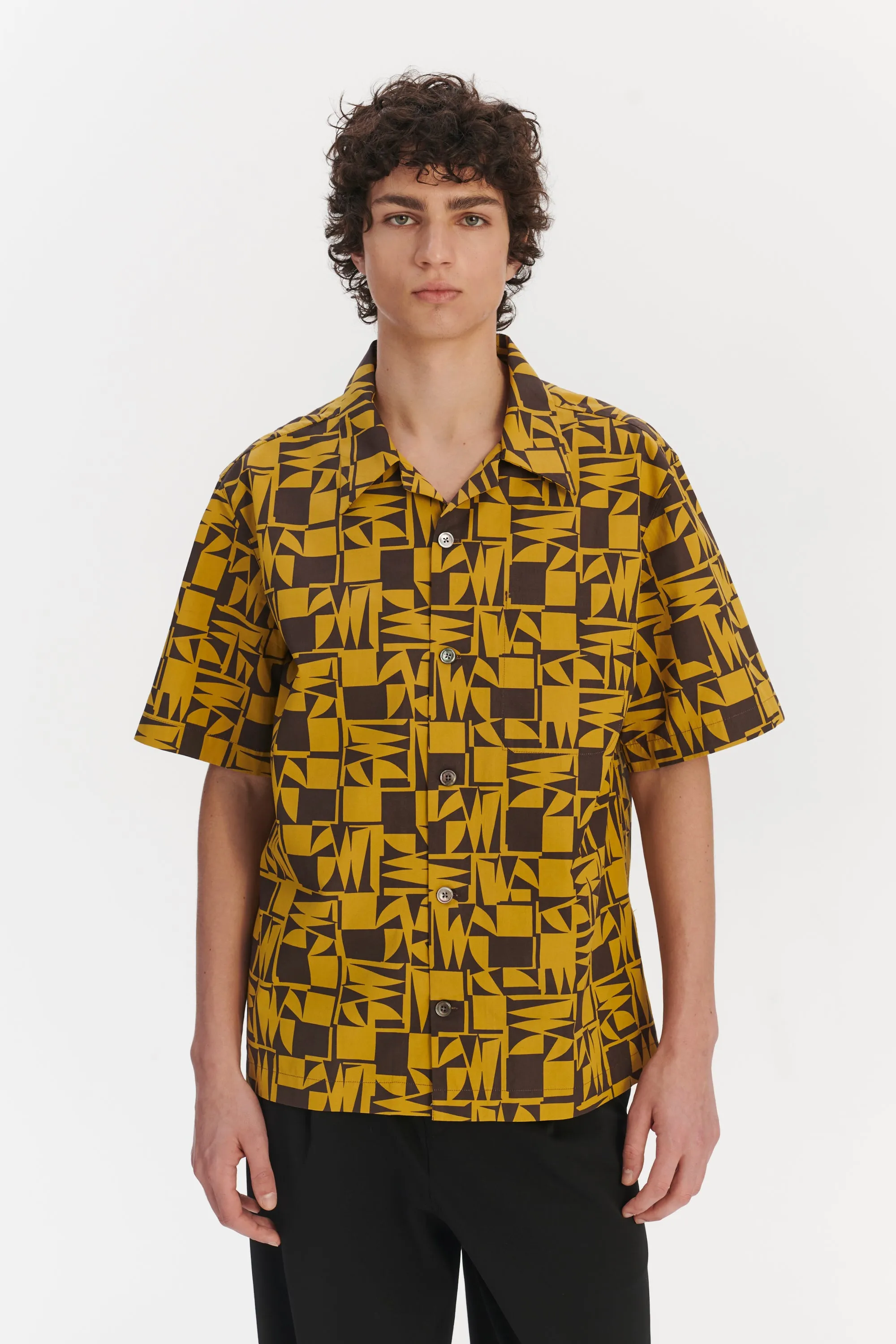 Short Sleeve Cuban Collar Shirt in a Yellow and Brown Geometric Italian Cotton sold by Delikatessen product image thumbnail 2