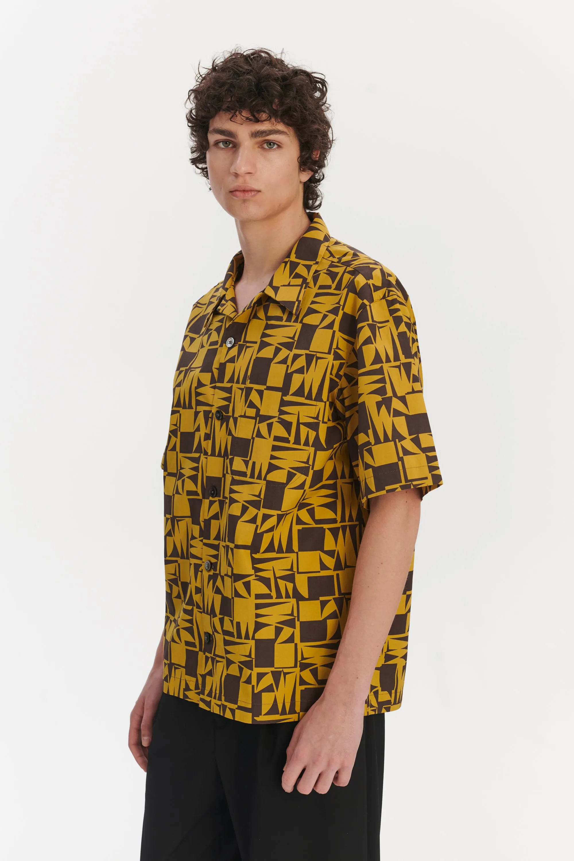 Short Sleeve Cuban Collar Shirt in a Yellow and Brown Geometric Italian Cotton sold by Delikatessen product image thumbnail 4