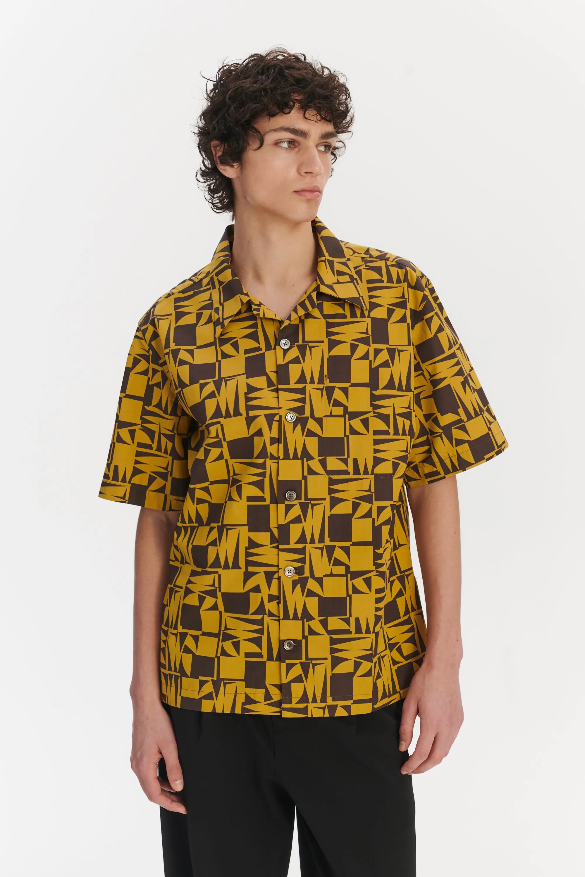Short Sleeve Cuban Collar Shirt in a Yellow and Brown Geometric Italian Cotton sold by Delikatessen product image thumbnail 3