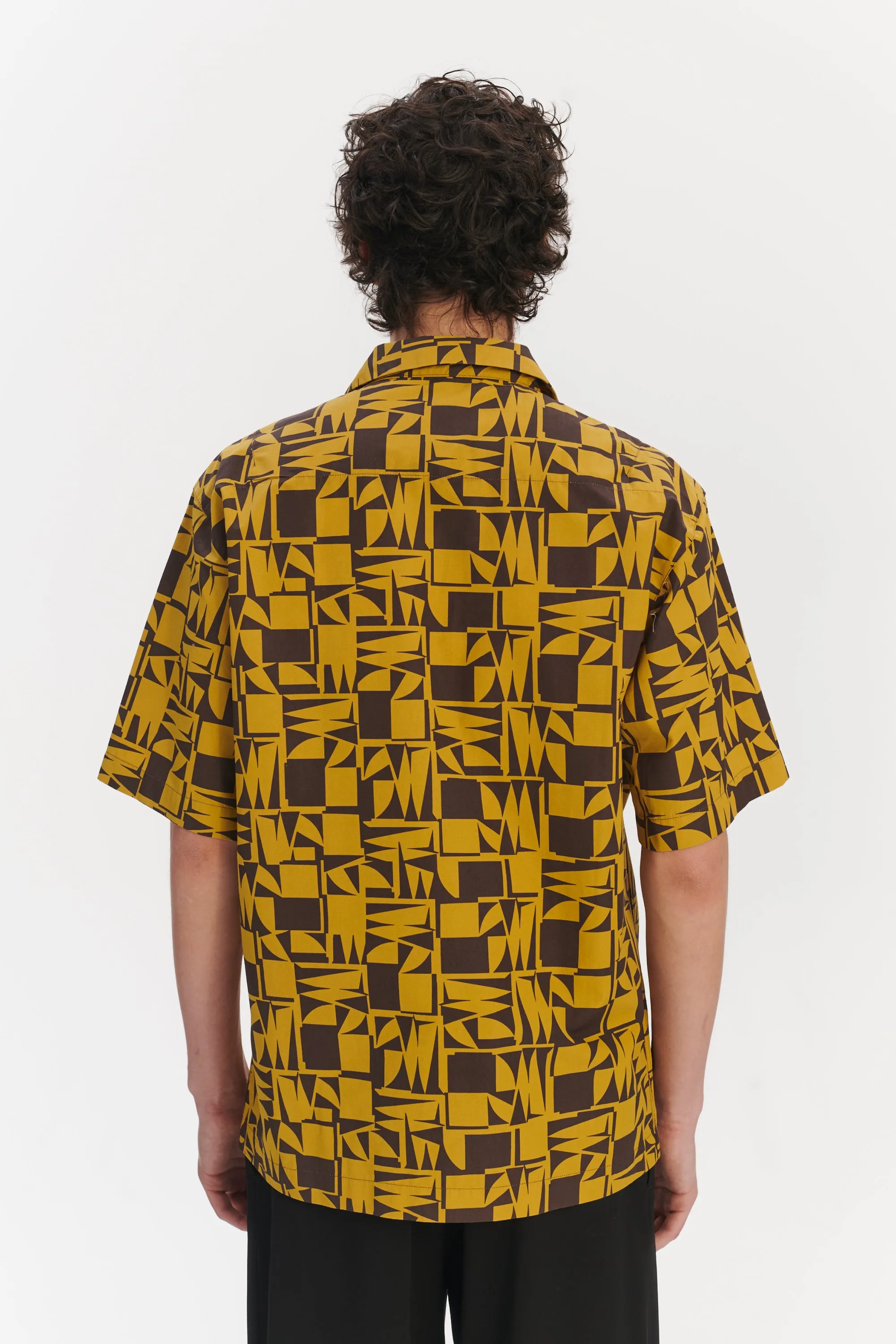 Short Sleeve Cuban Collar Shirt in a Yellow and Brown Geometric Italian Cotton sold by Delikatessen product image thumbnail 5