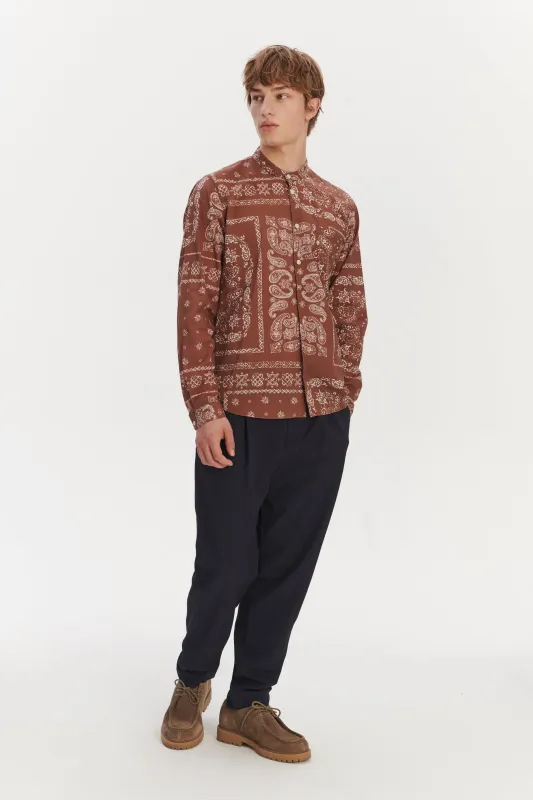Zen Grandad Collar Shirt in a Rusty Chestnut Airy Bandana Print Italian Cotton sold by Delikatessen